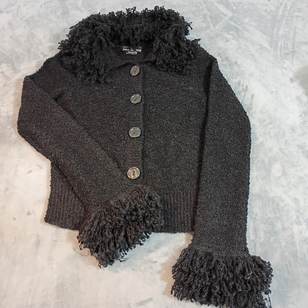 Its Our Time Black Shaggy Fringe Trim Boucle Cardigan Sweater Small